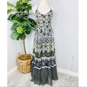 ECI New York Long Blue Floral Paisley Chiffon Multi Tier Long Sleeve Maxi Dress